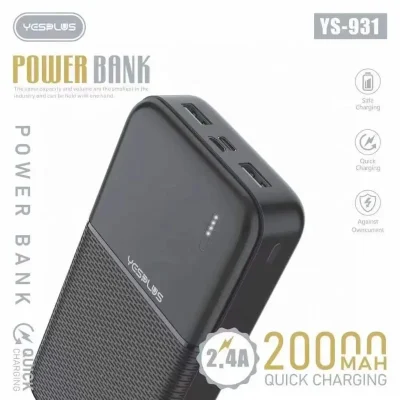 YESPLUS YS-931 Power Bank, 20000mAh Capacity, Quick Charging, Compact Design